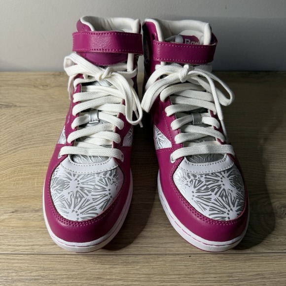 Reebok Freestyle Hi High Top Sneakers Pink White Pattern Womens Size 7 Aerobic - Picture 3 of 10